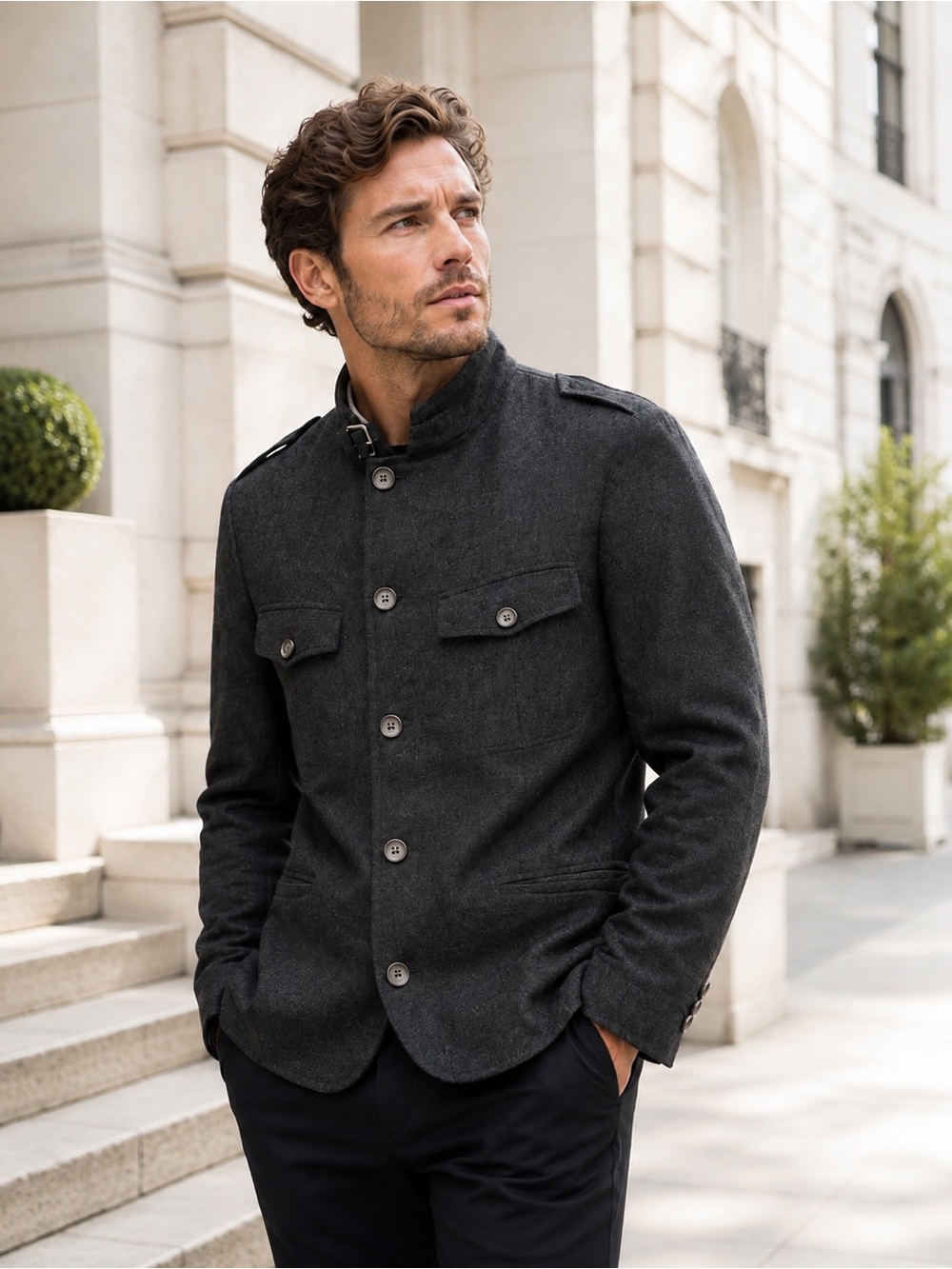 Hugo Boss Harper1 Charcoal MilitaryStyle Field Jacket 38S Wool Blend W/stretch